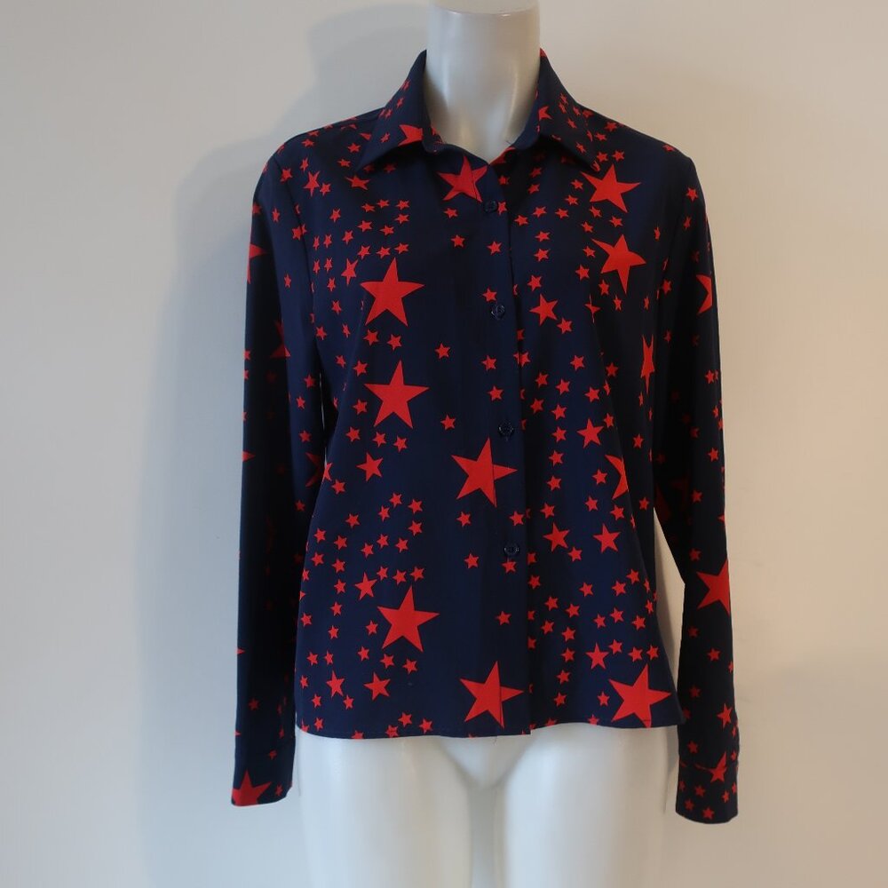 Womens Lucca Navy Blue, Red Stars Button Down Shirt L